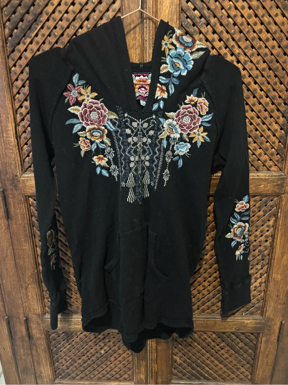 Johnny Was Black Embroidered Floral Hooded Sweater